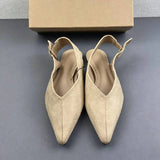 Women Black Faux Suede Flat Mules Pointed Toe V Neck Vamp Adjustable Back Slingback Strap Minimalist Casual Slip on Shoes
