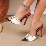 Sexy Pointed Toe High Heel Mules for Women Luxury Gold Studded Slides Elegant Red Insole Stiletto Party Sandals