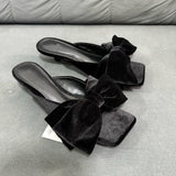 New Style Women's Black Velour Bow-Embellished Square-Toe Open-Toe Low-Heel Stiletto Slide Sandals for Outdoor Wear