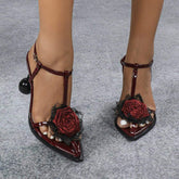 Sandales Pour Femmes Women's 3D Lace Flower Pointed-toe Irregular-heel Sandals - Party Style Burgundy High Heels Shoes