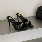 Designer Sandals Elegant Gold Chain Accent Slip on Stiletto Mules Fashion Comfortable Style Slippers Heels