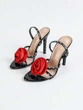 Ladies' 3D Floral Embellished & Polka Dot Cross Strap Ankle-Strap Pointed-Toe Gorgeous Women Black High Heel Sandals