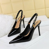 2025 New Metal Chain Black Sandals Shiny Women Shoes Slingback Pointed Toe Heels