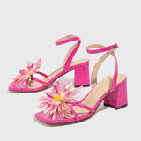 Women's Square-toe 3D Flower Embellished Block Heel Sandals - Elegant, Luxurious & Stylish Fuchsia High-heel Shoes