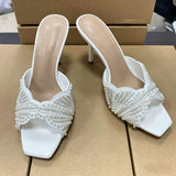 Chaussure Talon Women's Square Toe Pearl Beaded Mules Slip-on Sandals Elegant Thin High Heel