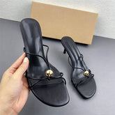 Chic Strappy Slide Sandals Metallic Sphere Black PU Leather Heeled Mules Elegant Square Open Toe Prom Shoes for Ladies
