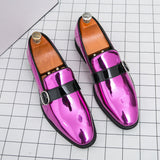 Mens Luxury Shiny Metallic Magenta Patent Leather Loafers Slip on Dress Shoes With Buckle Strap for Wedding Party Prom