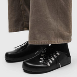 Men Microfiber Smooth Leather Closed Toe Mule Loafers Laced Open Back Clogs With Metal Eyelets Retro Thick Sole Casual Shoes