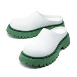 Men's White Microfiber Leather Mule Slides Chunky Green Platform Sole Non Slip Casual Slip on Shoes Daily Walking Footwear