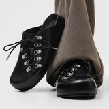 Men Microfiber Smooth Leather Closed Toe Mule Loafers Laced Open Back Clogs With Metal Eyelets Retro Thick Sole Casual Shoes