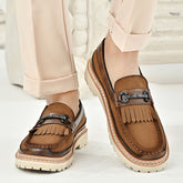 Comfortable Mens Platform Loafers Fashion Slip On Casual Shoes Suede Leather Upper Tassel Buckle Decor Chunky Sole Walking Shoe
