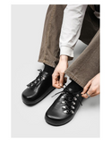Men Microfiber Smooth Leather Closed Toe Mule Loafers Laced Open Back Clogs With Metal Eyelets Retro Thick Sole Casual Shoes