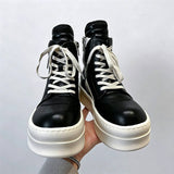 Men Black White High Top Platform Sneakers Avant Garde Chunky Sole Boots Streetwear Urban High Fashion Side Zip Lace up