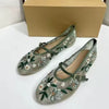 Round-Toe Mesh Women's Flats Ballet Shoes with Green Floral Embroidery Beautiful Quality Cute Walking Shoes
