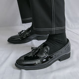 Mens Luxury Shiny Pink Patent Leather Tassel Loafers Metallic Magenta Slip on Dress Shoes for Wedding Prom Party Stage Look