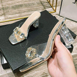 Unique Sandales Femmes Comfortable PVC Sexy Rhinestone Transparent Clear Block Women Heels