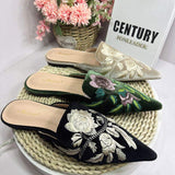 Hot Selling Satin Sandals Embroidered Pointed Toe Soft Breathable Lining Elegant Mules Slip on Flats