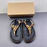 Women Leopard Print Flat Platform Thong Sandals Adjustable Metal Buckle Slingback Strap Casual Summer Daily Beach Footwear