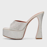 Women Red Rhinestone Platform Mules Sparkling Crystal Encrusted High Heeled Sandals Elegant Sculptural Pyramid Block Heel