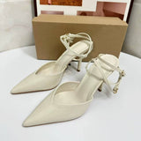 Patent Leather Embellished Pointed-Toe Women Sexy Stiletto Heel Mules - Closed-Toe Backless Heeled Sandals