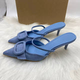 Summer Pointed-Toe Women's Blue Heeled Sandals, Fashion Faux Suede Square-Buckle One-Strap Backless Style