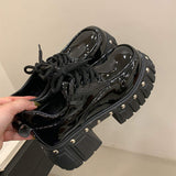 8CM Shiny Patent Leather Round Toe Wedge Heel Thick Soled 5-43 Rivet Punk Style Women's Shoes