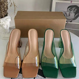 Women's Square-toe Single-strap PVC Transparent High Heel Sandals Crystal Chunky Heel Mule Sandals