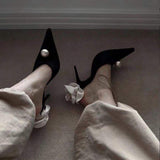8CM Talons Hauts White Flower Back Pearl Slipper Black Pumps Women Luxury Heels for Party