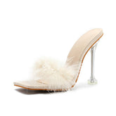 Sandalias De Peluche Pink Feather High Heel Mule Slip on Clear Stiletto Sandales Femme Slippers