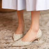 Escarpins Femme Pointed Toe Sexy Diamond Dress Shoes Pumps Low Wedding Heels Shoes for Bride