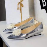 The New Style Sandals Women's Pointed Toe Silver Gold Flower Fashion Party Low Heel Shoes