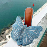 Summer&Spring Outdoor Slippers Trending Metal High Stiletto Butterfly Blue Denim Heels for Woman
