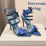 Denim Blue Snake Female Party Shoes Sandal Ankle Wrap Around Heels for Women