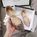 Outdoor Sandalias Summer Ankle Strappy Bling Sequin Closed Toe Luxury Flat Sandals for Women 2025