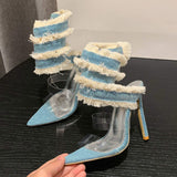 Spiral European and American Version Sexy Denim Wanita Snake Ankle Wrap Heels for Women