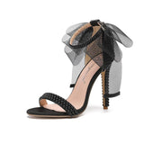 Women Hot Pink Pearl Beaded Open Toe Stiletto Heels Tulle Bow Ankle Strap Sexy Sandals for Ladies Wedding Party Prom Dress Shoes
