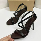 Women's Black Sandals with French Design Sense - One-Strap Crisscross, Open-Toe, Roman Style, Elegant Sexy Ladies Stiletto Heels