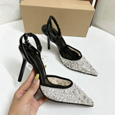 Sexy Pointed Toe Stiletto Heels for Women Chic Black and White Sequined Slingback Pumps Glamorous Party Evening Shoes Silver