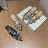 Pearl Women Shoes Rhinestone 3CM Heel Half Slipper Sandals Fashion Muller Shoes Casual Versatile Single Shoes
