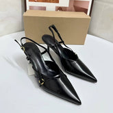 Women's Dress Sandals - Pointed Toe, Slim Heel, Buckle Detail, Enclosed Toe Cap, Open-Back, Slip-On Ladies Heeled Sandals