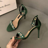 Chaussure Dame Green Rhinestone New Trendy 2025 Stiletto High Women Sexy and Elegant Summer Heels