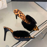 Sexy 9CM Pointed Toe Fur Slppers Mules Stiletto Heels for Women