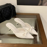 Fashion Lace Pointed Toe Mules for Women Comfortable Kitten Heels with Bowknot Elegant Office Dress Shoes Slides Slippers