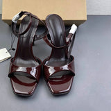 Sexy Open Toe Ankle Strap Sandals Glossy Leather Chocolate Color High Heels Luxury Ladies Chunky Stiletto Dress Shoes
