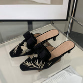 5CM Low Retro Bow Embroidery Slipper Loafer Fashion Female Talons Pour Femmes Kitten Mules Heels
