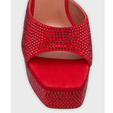 Women Red Rhinestone Platform Mules Sparkling Crystal Encrusted High Heeled Sandals Elegant Sculptural Pyramid Block Heel