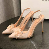 Wedding Party 6CM/8CM/10CM Sapatos Femininos Pointed Toe Designer White Floral Sexy Women Slingback High Heels for Ladies