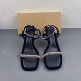 Sandals Zapatos Mujer Saltos Rhinestone Black Ankle Strap Square Toe Heels for Ladies
