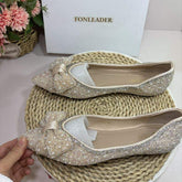 Large Size Rhinestone Luxury Slip on Bow Loafers Office Lady Moccasins Sepatu Flat Shoes for Women