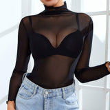 Hot Selling Solid Color Elegant Women's Sheer Shirt Sexy Tight High Neck Long Sleeve Sheer Mesh Top Base Layer